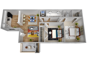 a 3d rendering of a two bedroom apartment at The Park Colony Apartments